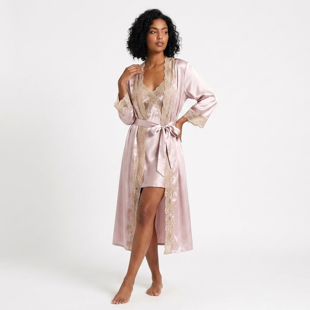 Ensemble Kimono et Nuisette en Soie Naturelle avec Dentelle