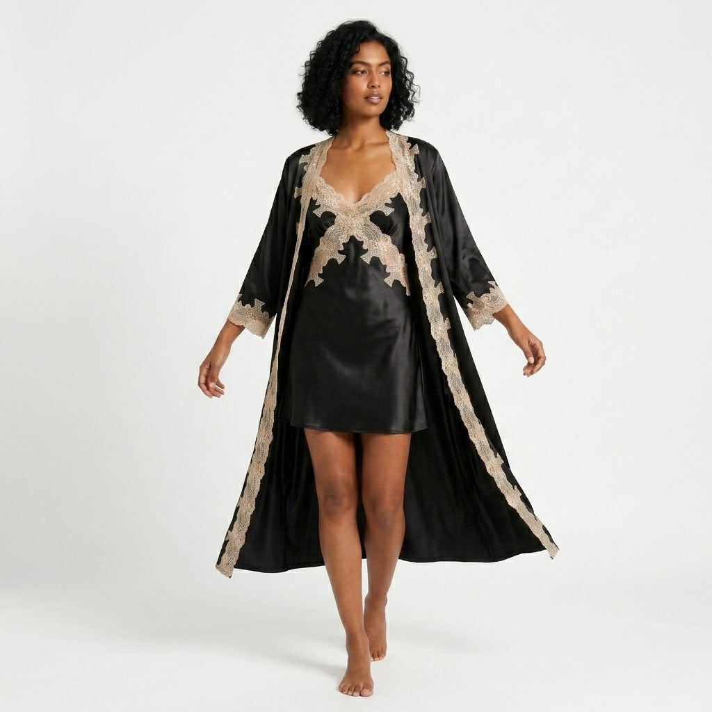 Ensemble Kimono et Nuisette en Soie Naturelle avec Dentelle