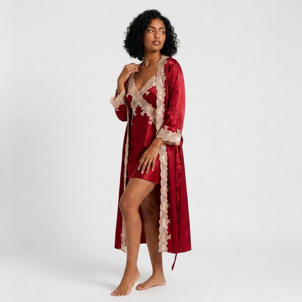 Ensemble Kimono et Nuisette en Soie Naturelle avec Dentelle