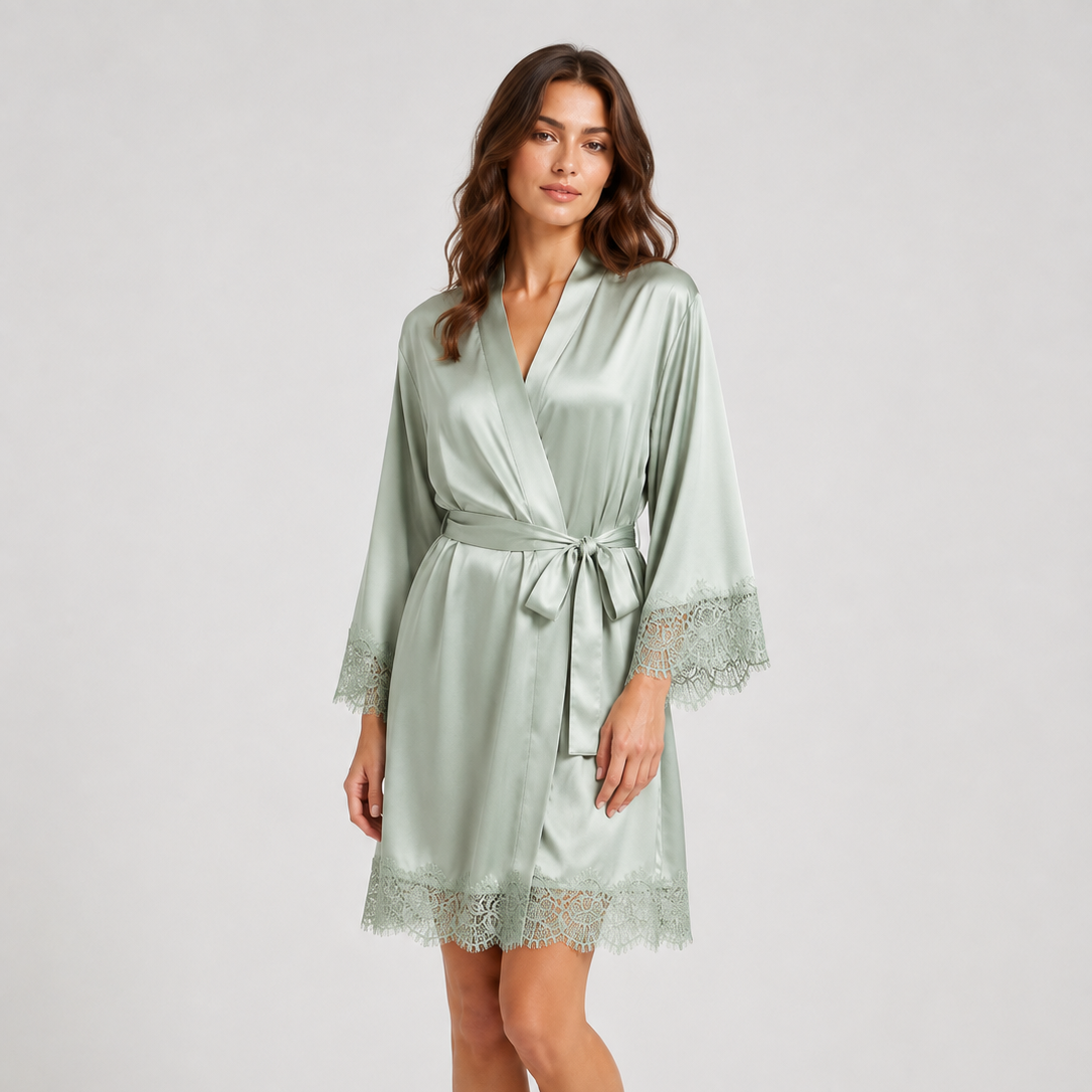 Peignoir en Pure Soie de Mûrier 19 Mommes avec Dentelle
